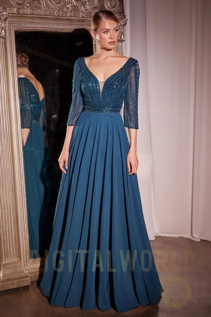 Three Quarter Sleeve Beaded Chiffon Dress Tux-USA