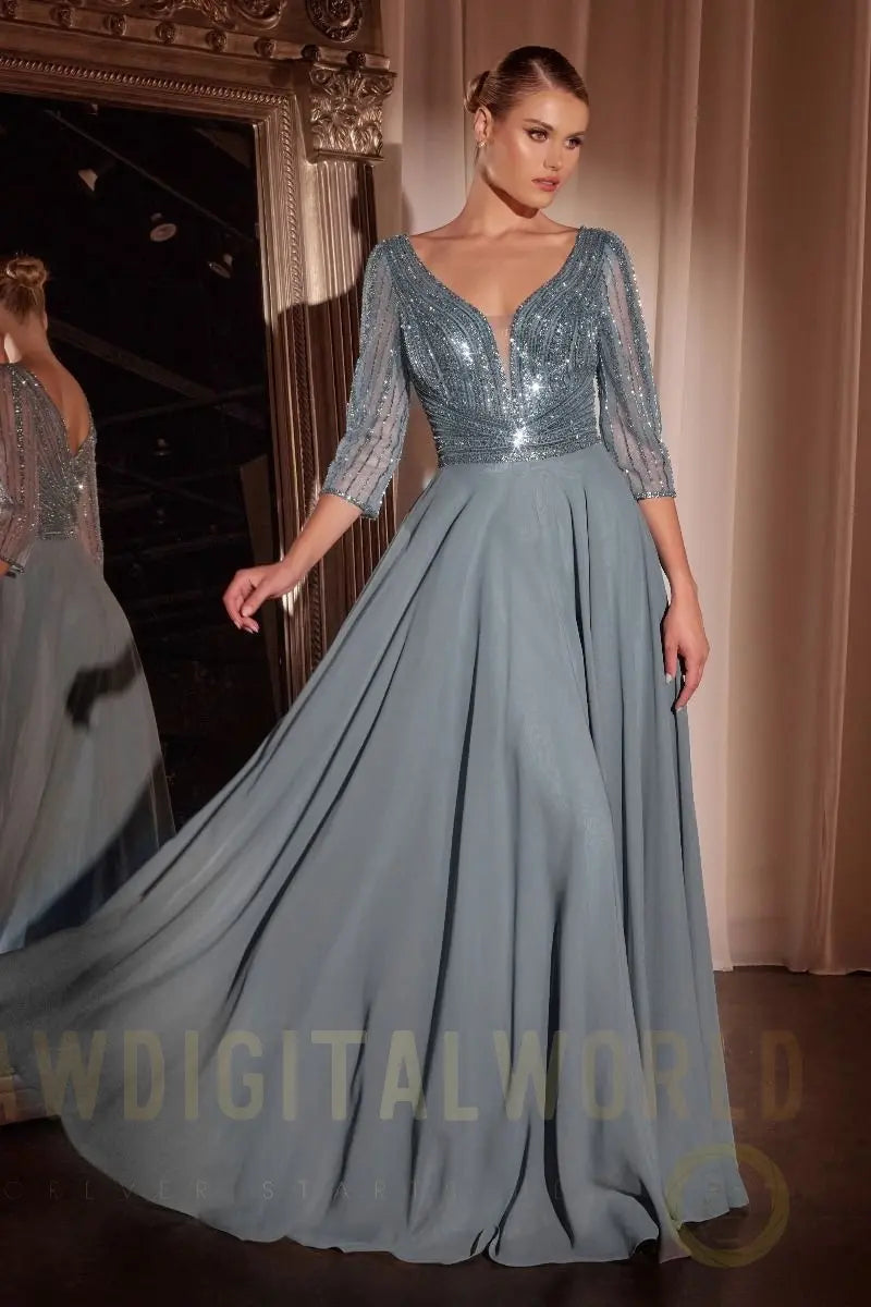 Three Quarter Sleeve Beaded Chiffon Dress Tux-USA