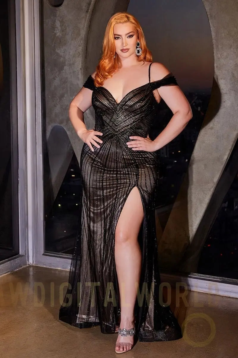 Off The Shoulder Fitted Sequin Gown-0