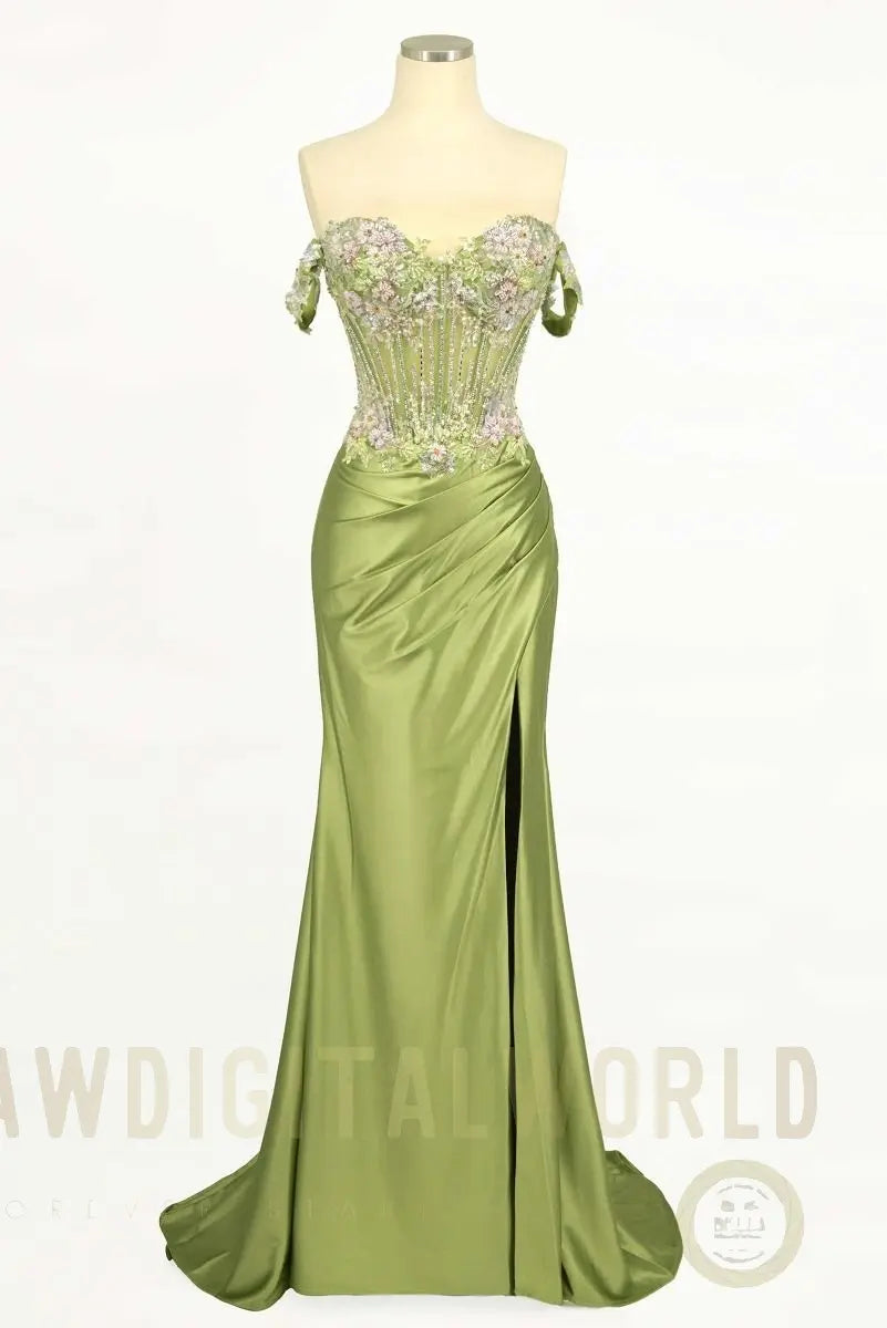 Off The Shoulder Floral Beaded & Satin Gown-4