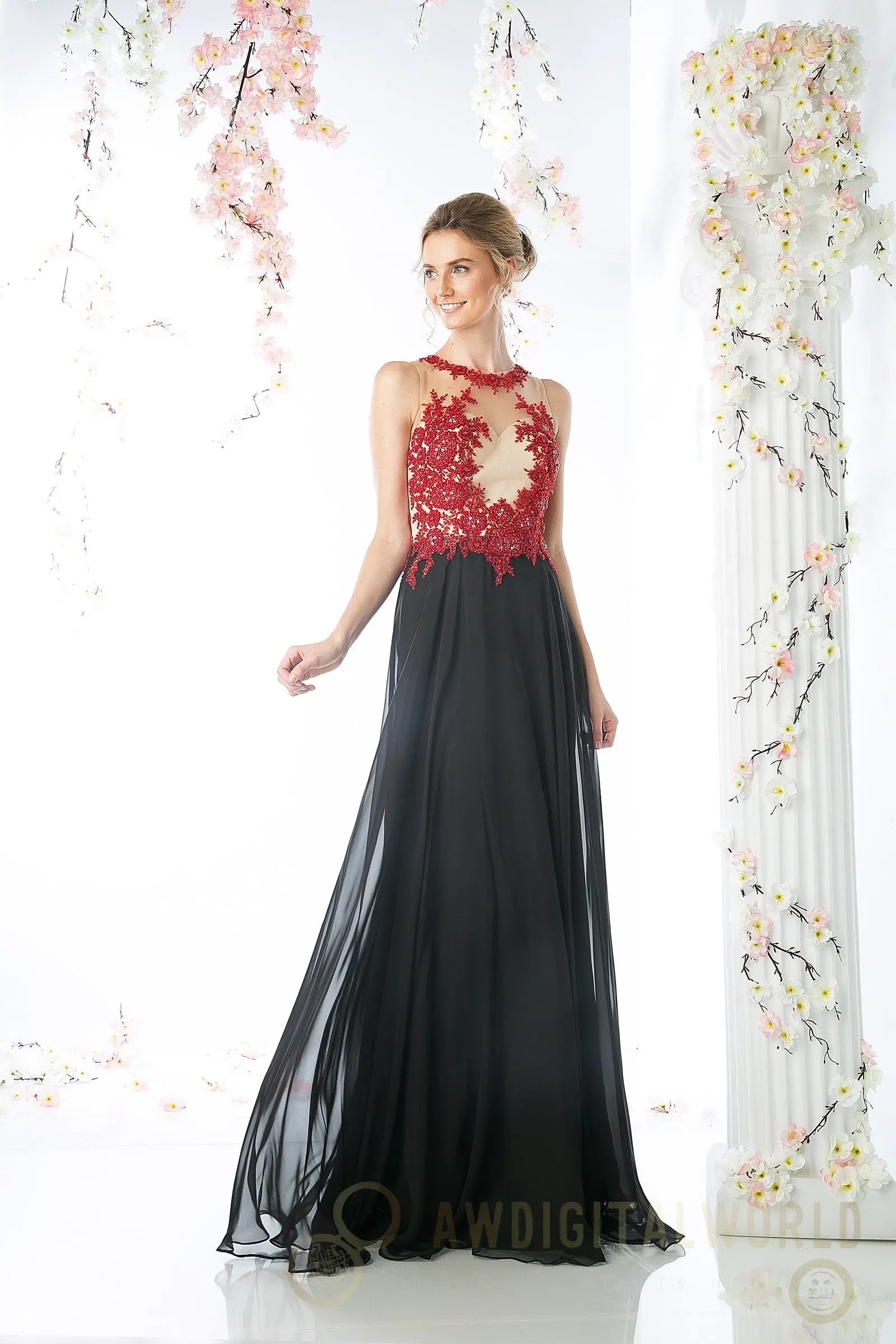 Lace Bodice Chiffon Sheath Dress-0