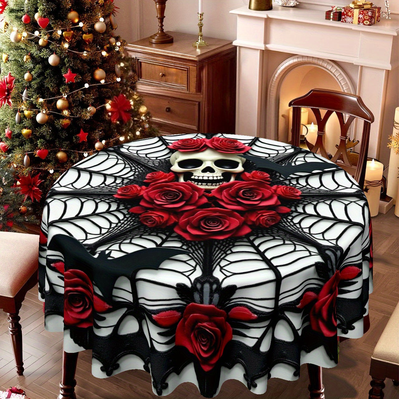 Gothic Skull Roses Round Tablecloth LPT