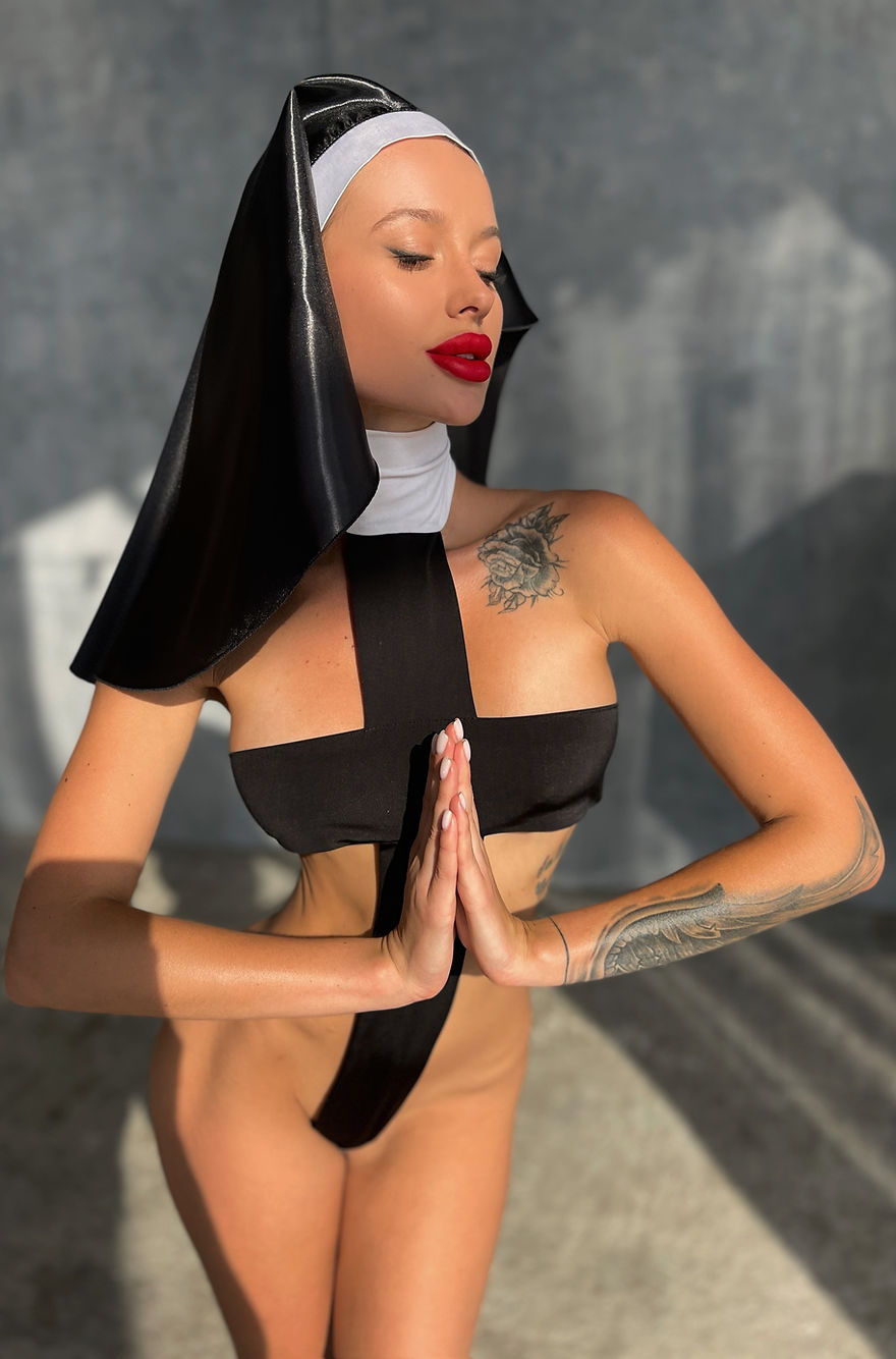 Nun Cosplay Cross Lingerie Bodysuit Brown Hercules