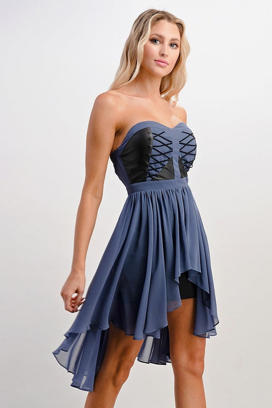 Strapless Lace-Up High-Low Dress Indigo Arrowwood