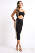 Sexy Cut Out Rhinestone Fishnet Contrast Clubwear Party Dress BLACK Puce Juniper
