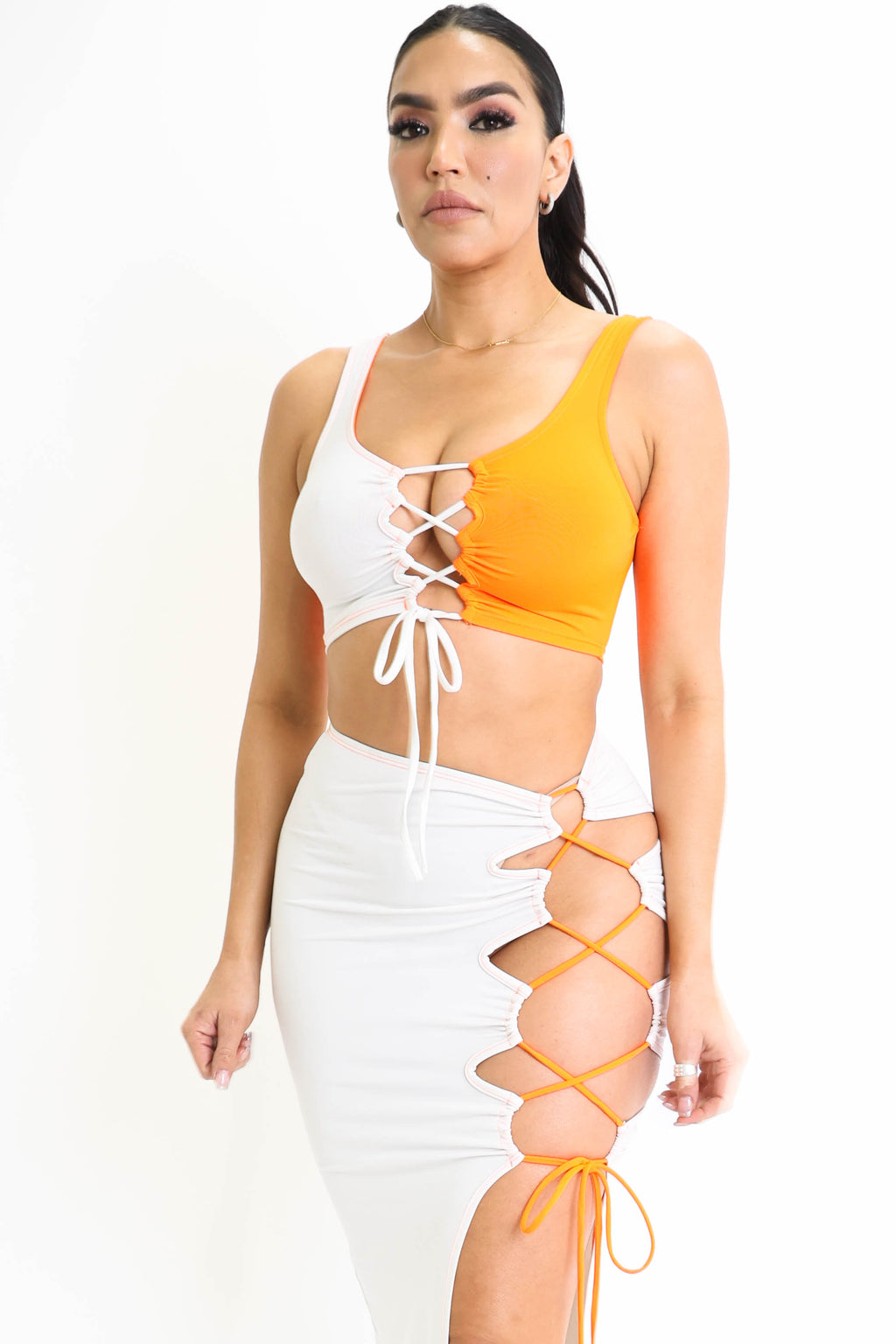 ColorBlock Side Lace up Top & Matching Maxi Skirt 2 Piece Outfit Set Puce Juniper