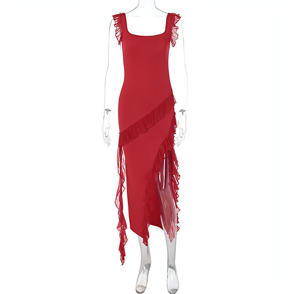 Female Summer Fashionable Stringy Selvedge Stitching Temperament Dress Carmine Juneberry