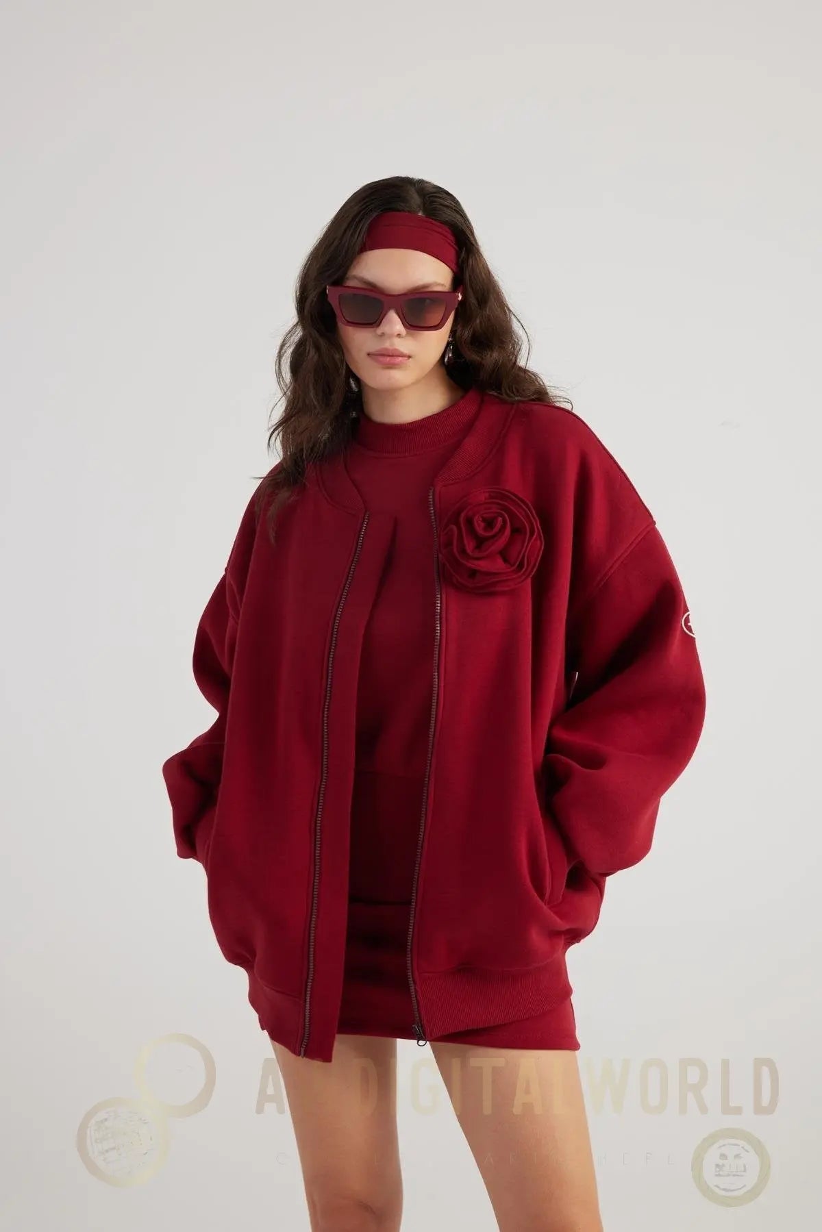 Alexa Burgundy Oversize Bomber Jacket with Removable Rose Accessory Buy Me Fur Ltd