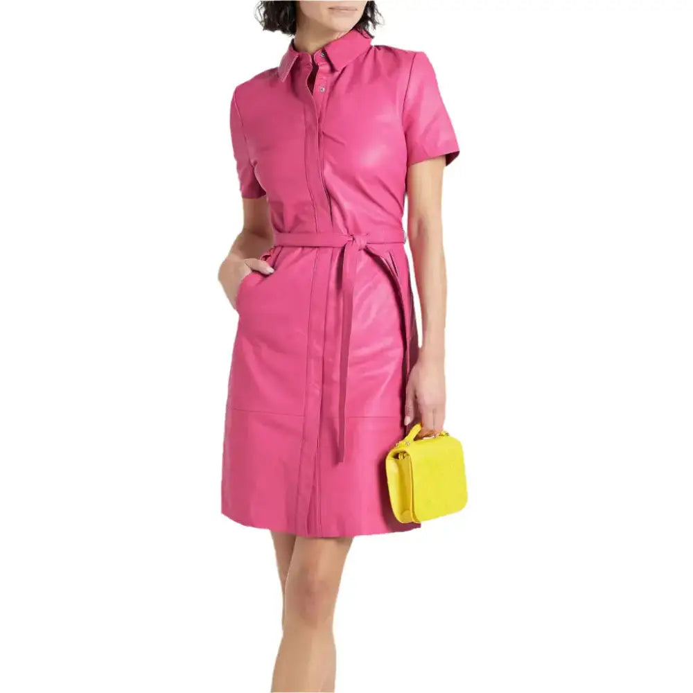 Women's Elegant Pink Leather Shirt Dress Riders Republic UK