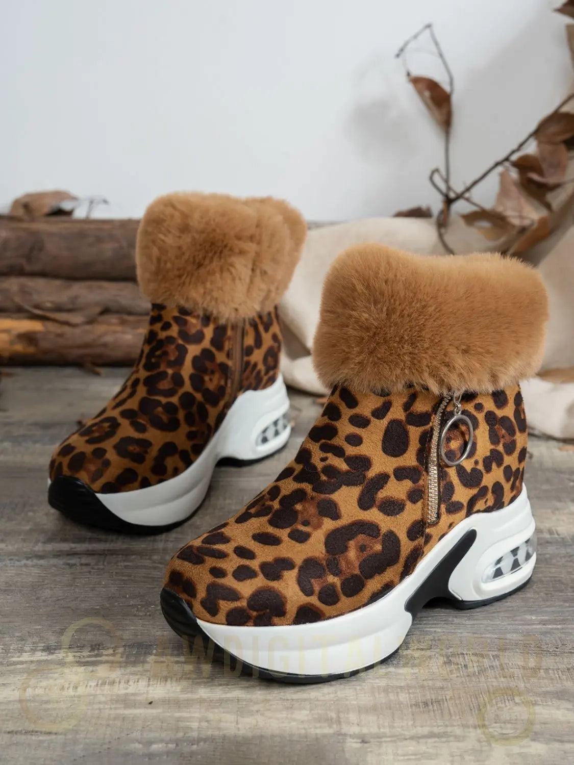 Side Zipper Leopard Platform Boots Coral Vanilla