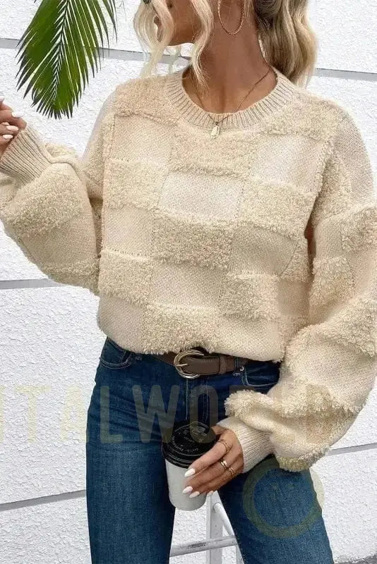 Checkered Sherpa Loose Sweater Fashionfitz