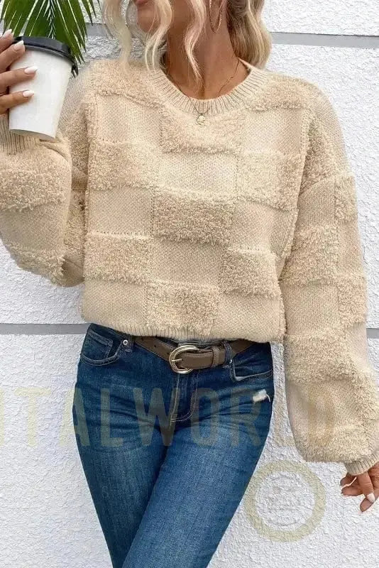 Checkered Sherpa Loose Sweater Fashionfitz
