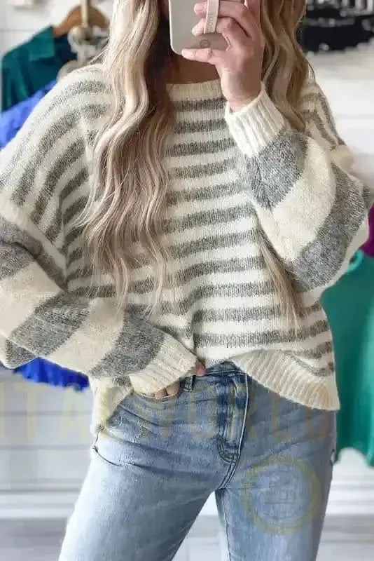Gray Stripe Crewneck Sweater Fashionfitz