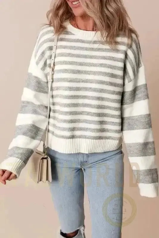Gray Stripe Crewneck Sweater Fashionfitz