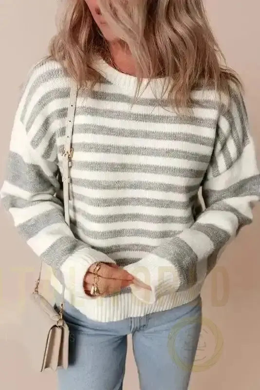 Gray Stripe Crewneck Sweater Fashionfitz