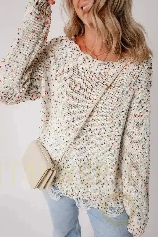 Mosaic Distressed Knit Sweater Fashionfitz