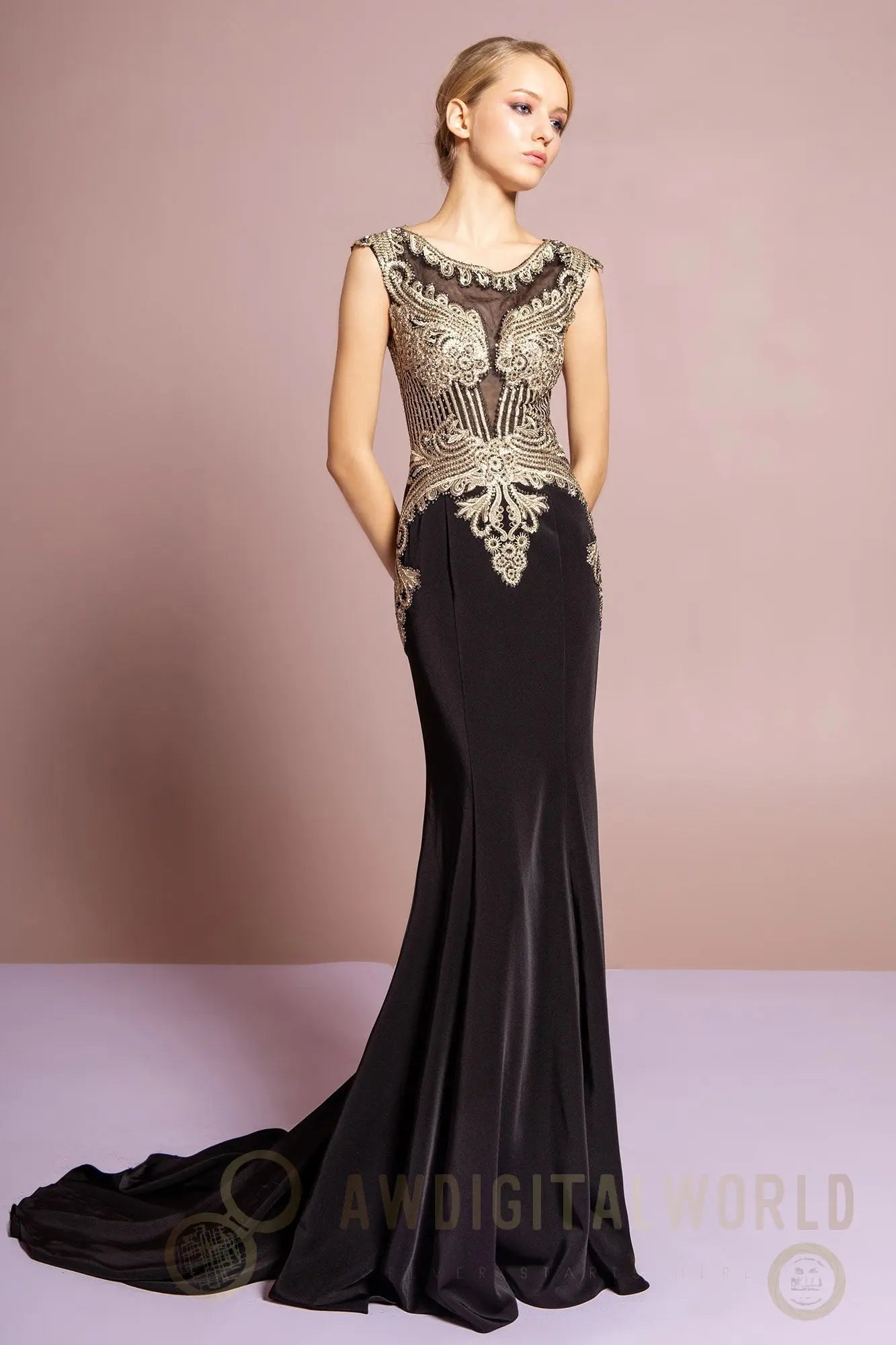 Jewel Embellished Embroidery Jersey Long Dress with Sheer Back Tux-USA