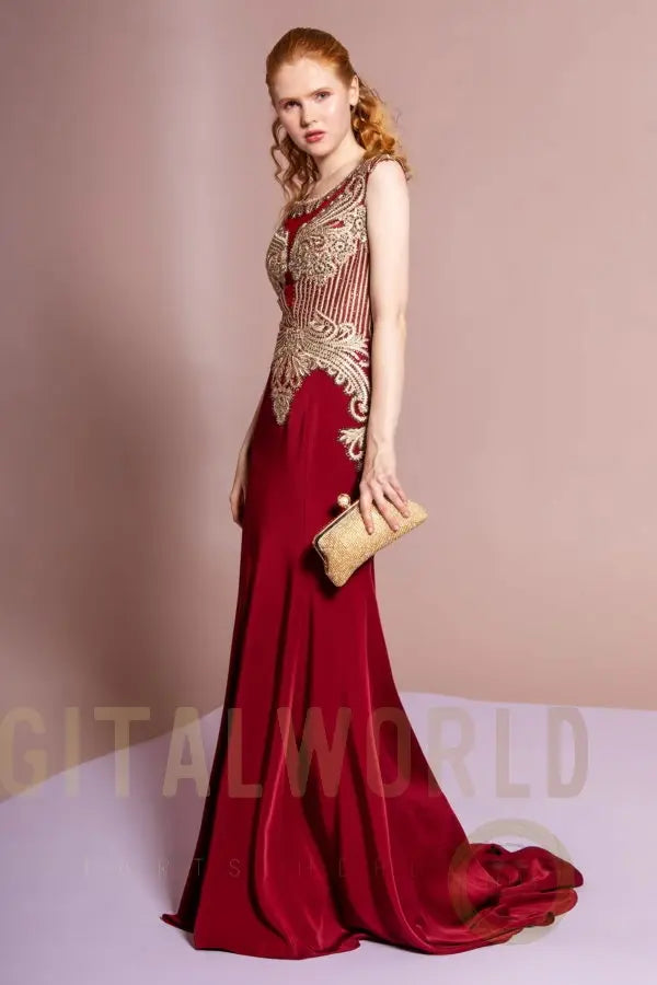 Jewel Embellished Embroidery Jersey Long Dress with Sheer Back Tux-USA