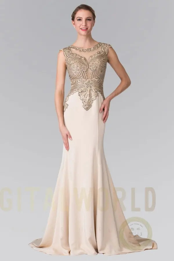 Jewel Embellished Embroidery Jersey Long Dress with Sheer Back Tux-USA