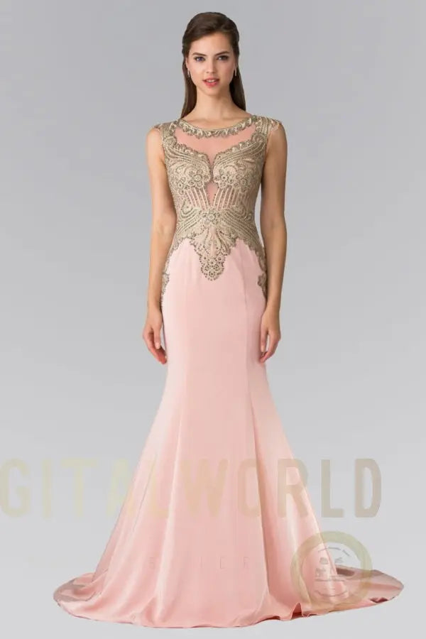 Jewel Embellished Embroidery Jersey Long Dress with Sheer Back Tux-USA