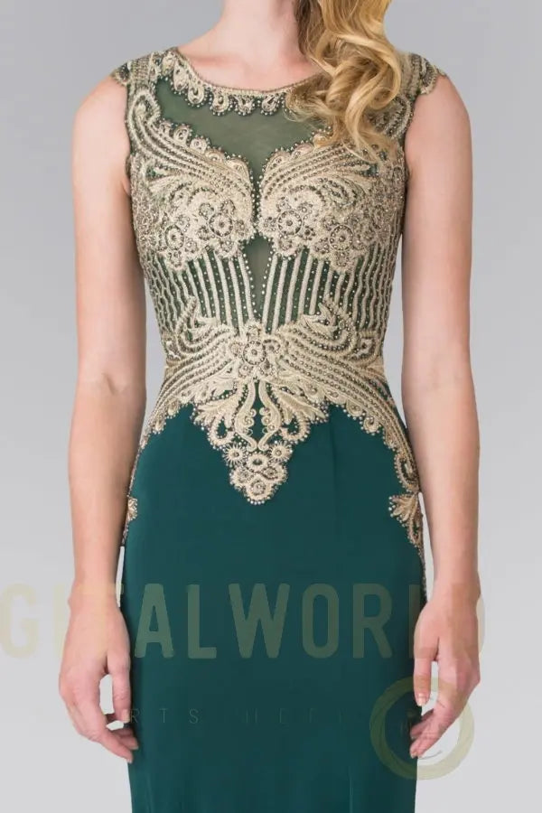 Jewel Embellished Embroidery Jersey Long Dress with Sheer Back Tux-USA