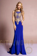Jewel Embellished Embroidery Jersey Long Dress with Sheer Back Tux-USA