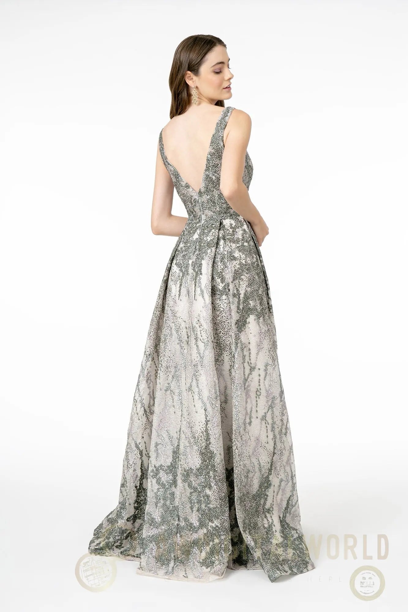 Jewel Embellished Lace Long Dress w/ V-Back-2