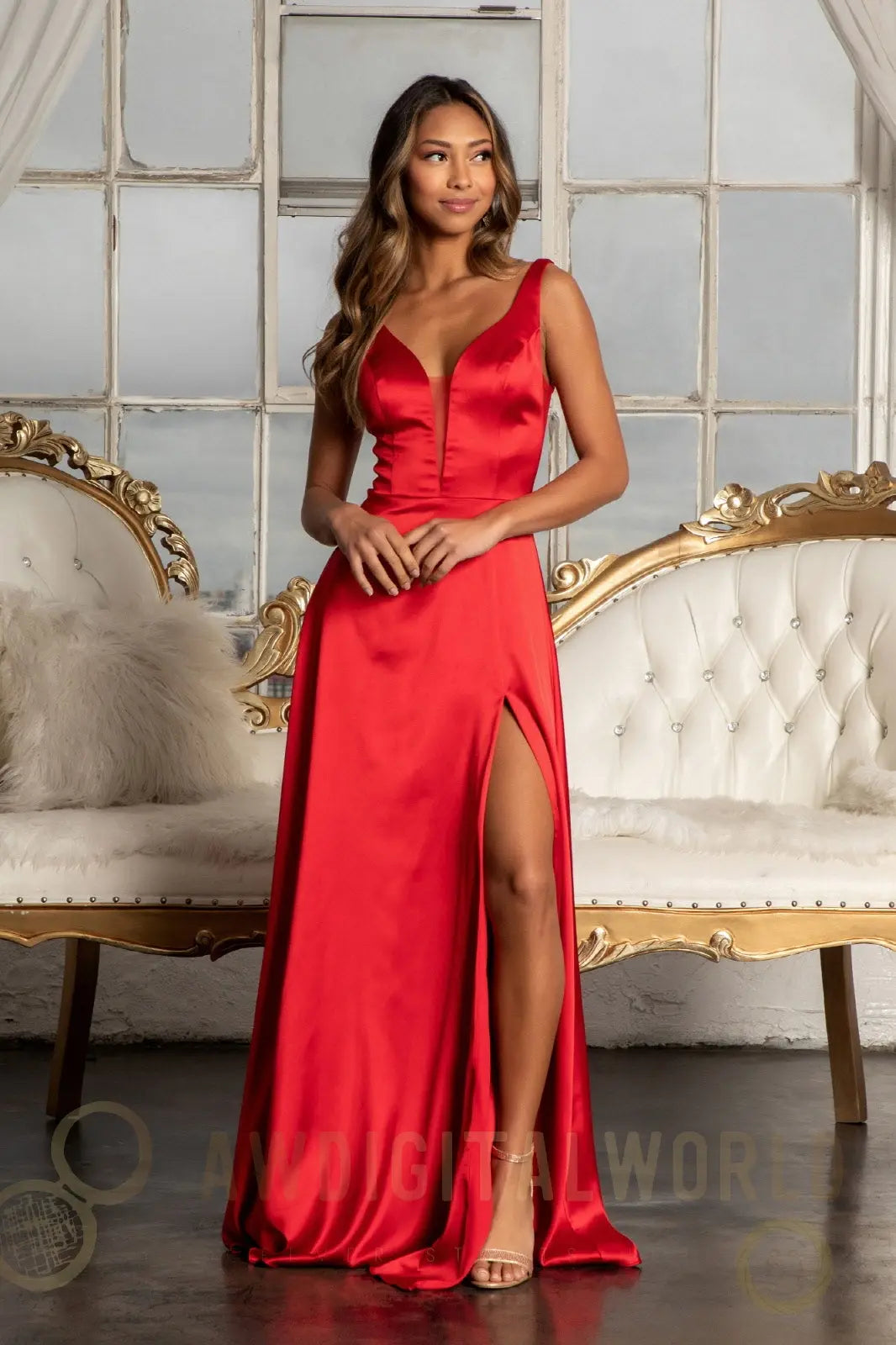 Satin V-Neck Sheer Side A-Line Long Dress-3