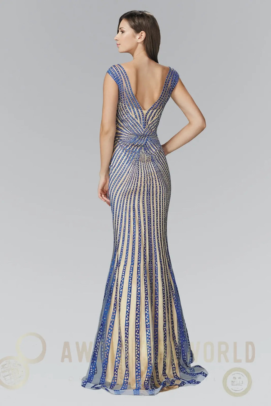 V-Neck Floor Length Dress with Rhinestone on Stripe-1