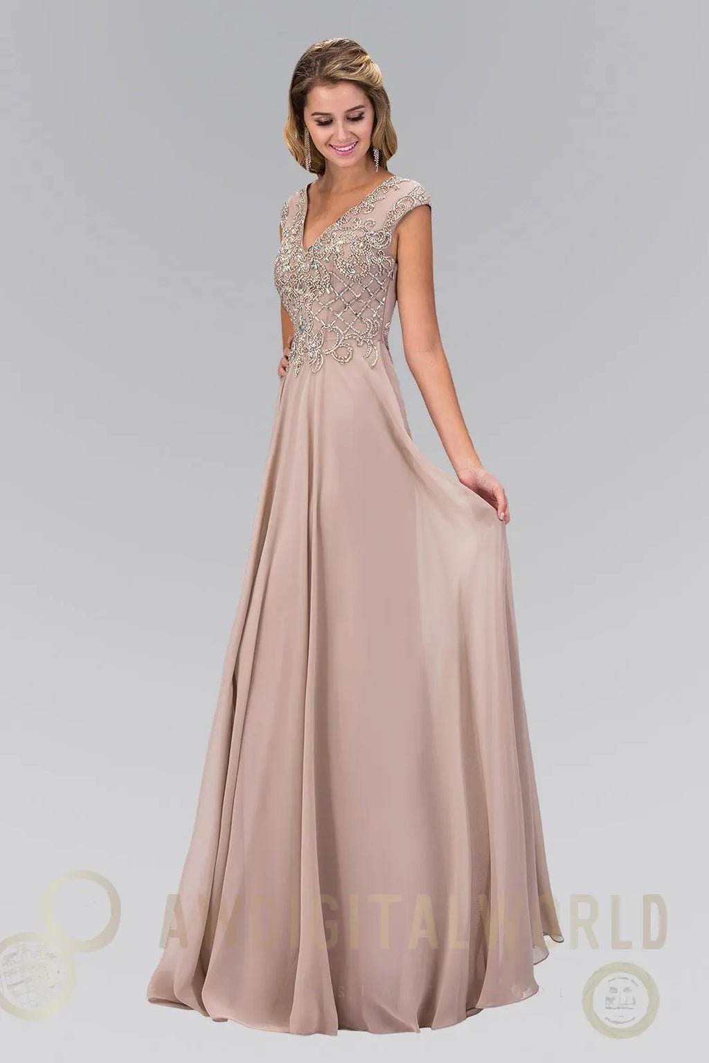 V-Neck Chiffon Floor Length Dress with Jewel Embellished Bodice-3