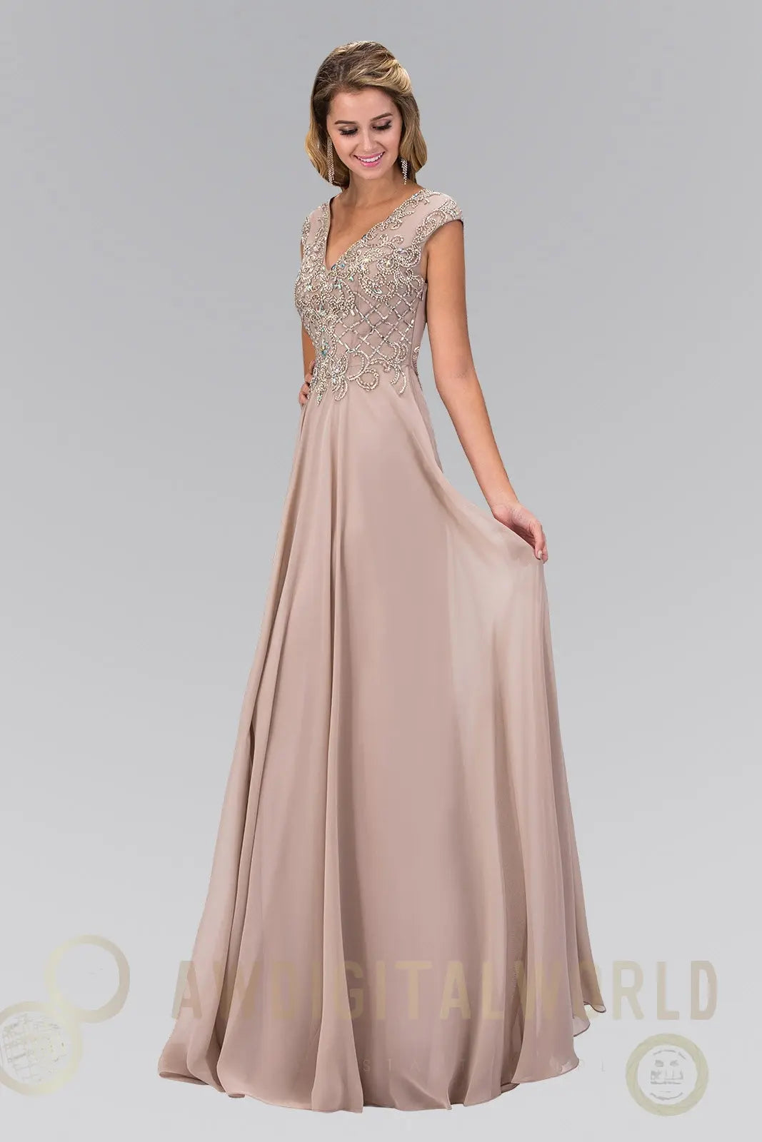 V-Neck Chiffon Floor Length Dress with Jewel Embellished Bodice-3