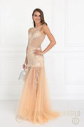 Beaded Floor Length Dress with Sheer Bodice and Open Back-0