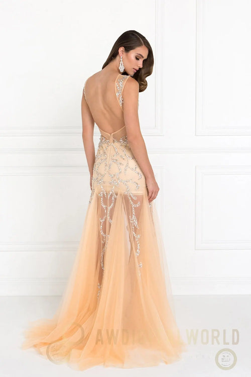 Beaded Floor Length Dress with Sheer Bodice and Open Back-1