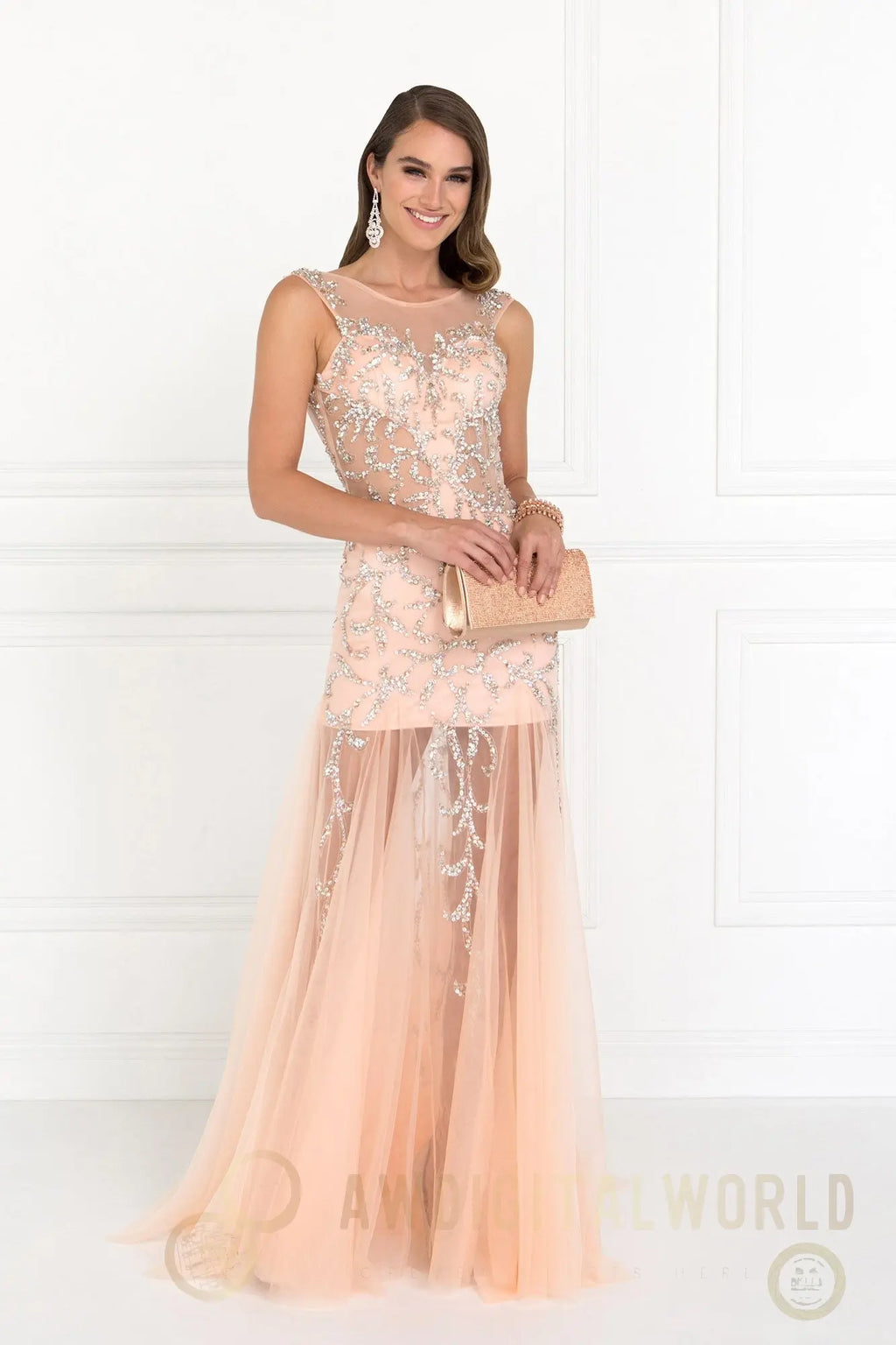 Beaded Floor Length Dress with Sheer Bodice and Open Back-2