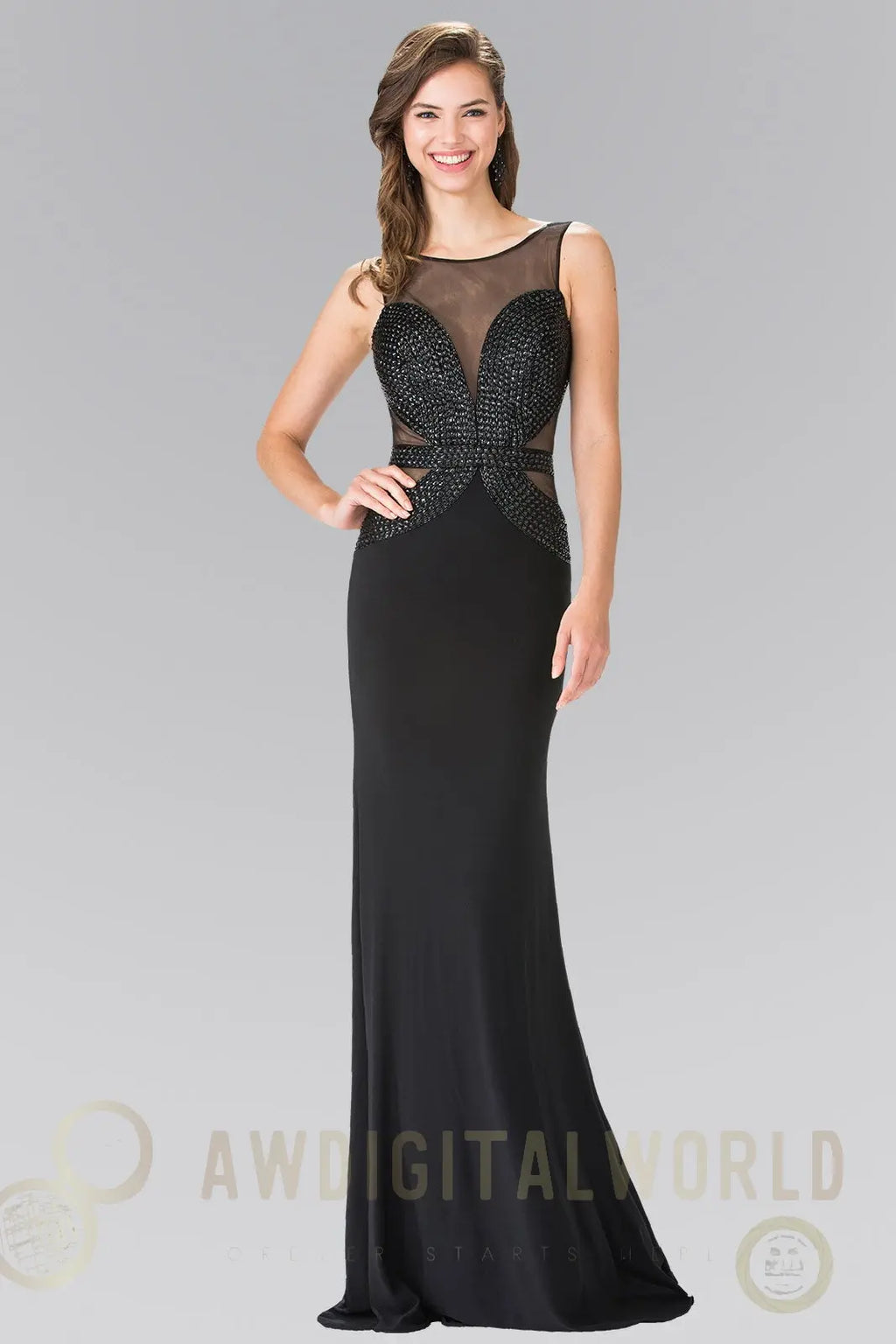 Beads Embellished Jersey Long Dress with Open Back Tux-USA