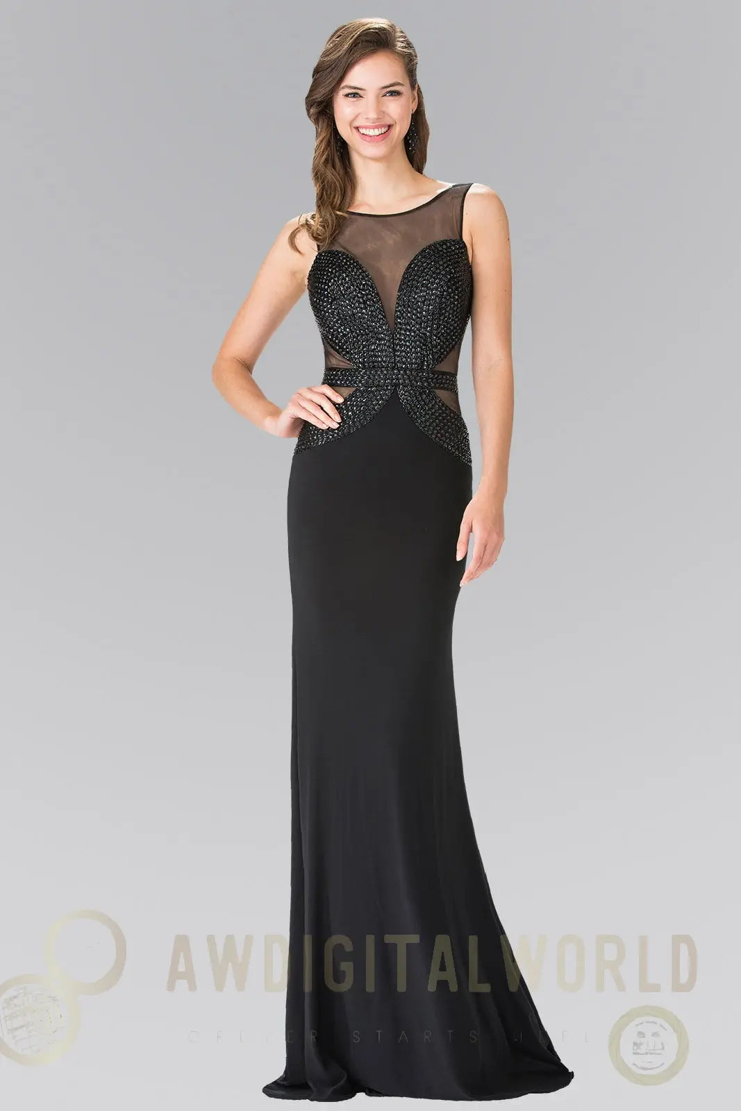 Beads Embellished Jersey Long Dress with Open Back Tux-USA