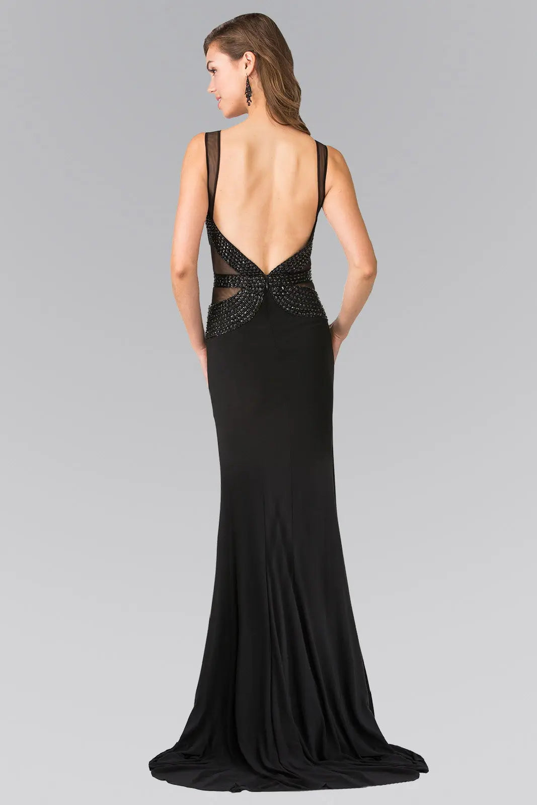Beads Embellished Jersey Long Dress with Open Back Tux-USA