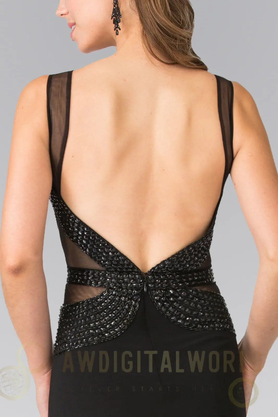 Beads Embellished Jersey Long Dress with Open Back Tux-USA