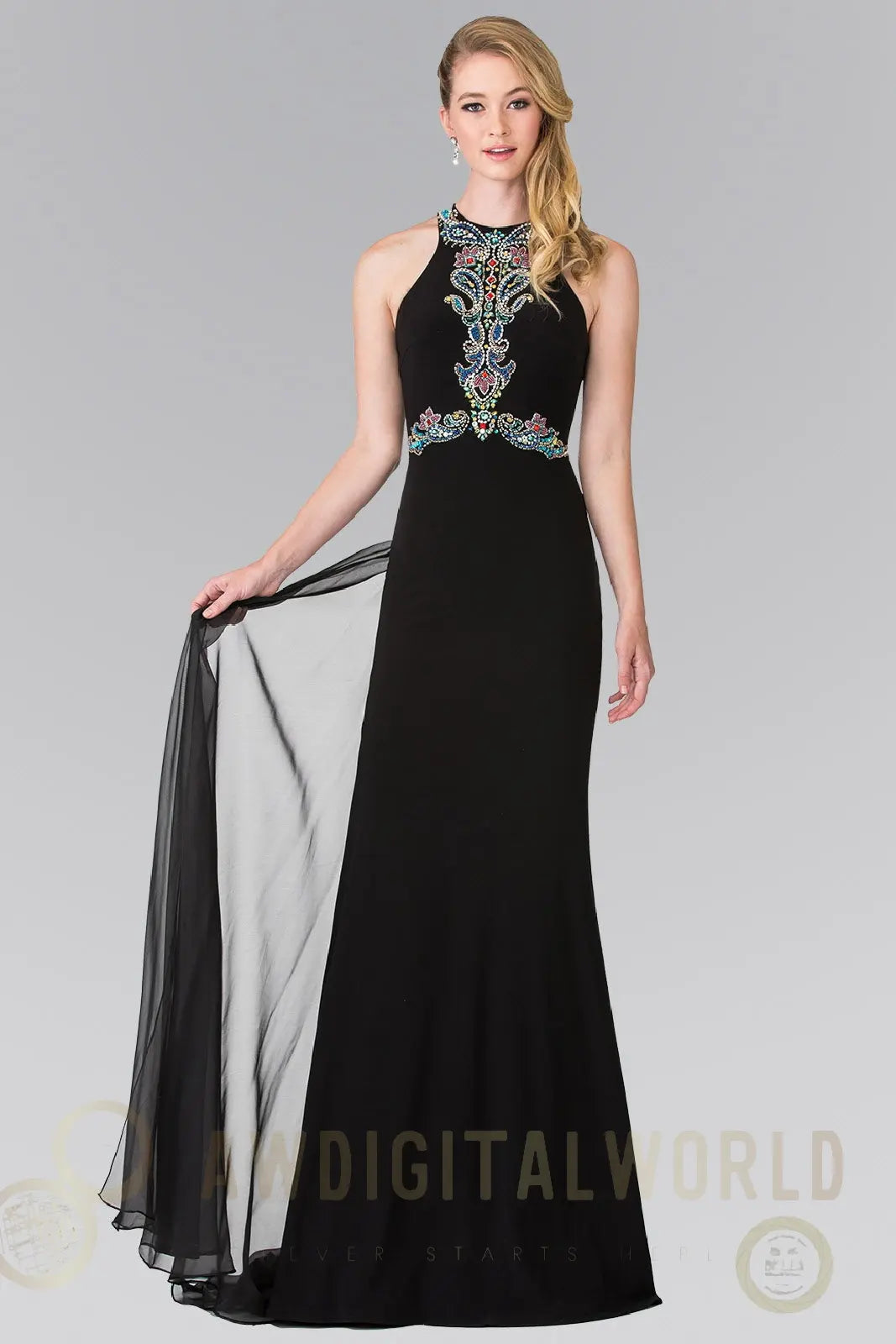 High Neck Beaded Top and Sheer Back Accented with Chiffon Tail-4