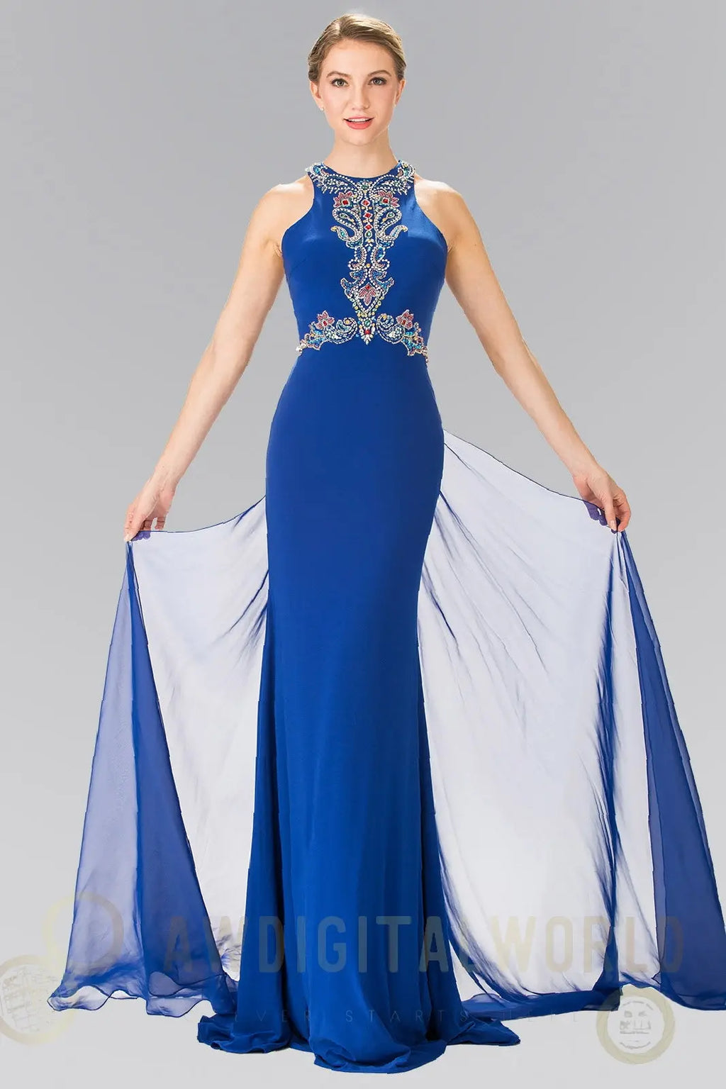 High Neck Beaded Top and Sheer Back Accented with Chiffon Tail-0