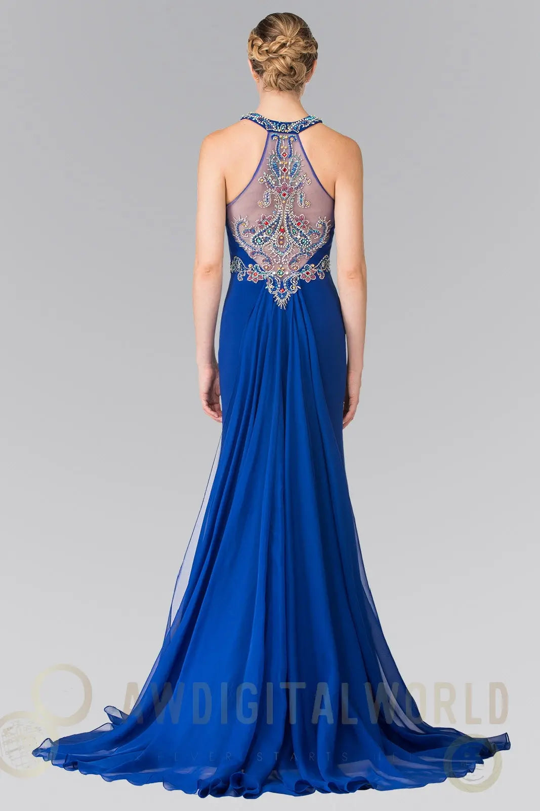 High Neck Beaded Top and Sheer Back Accented with Chiffon Tail-1