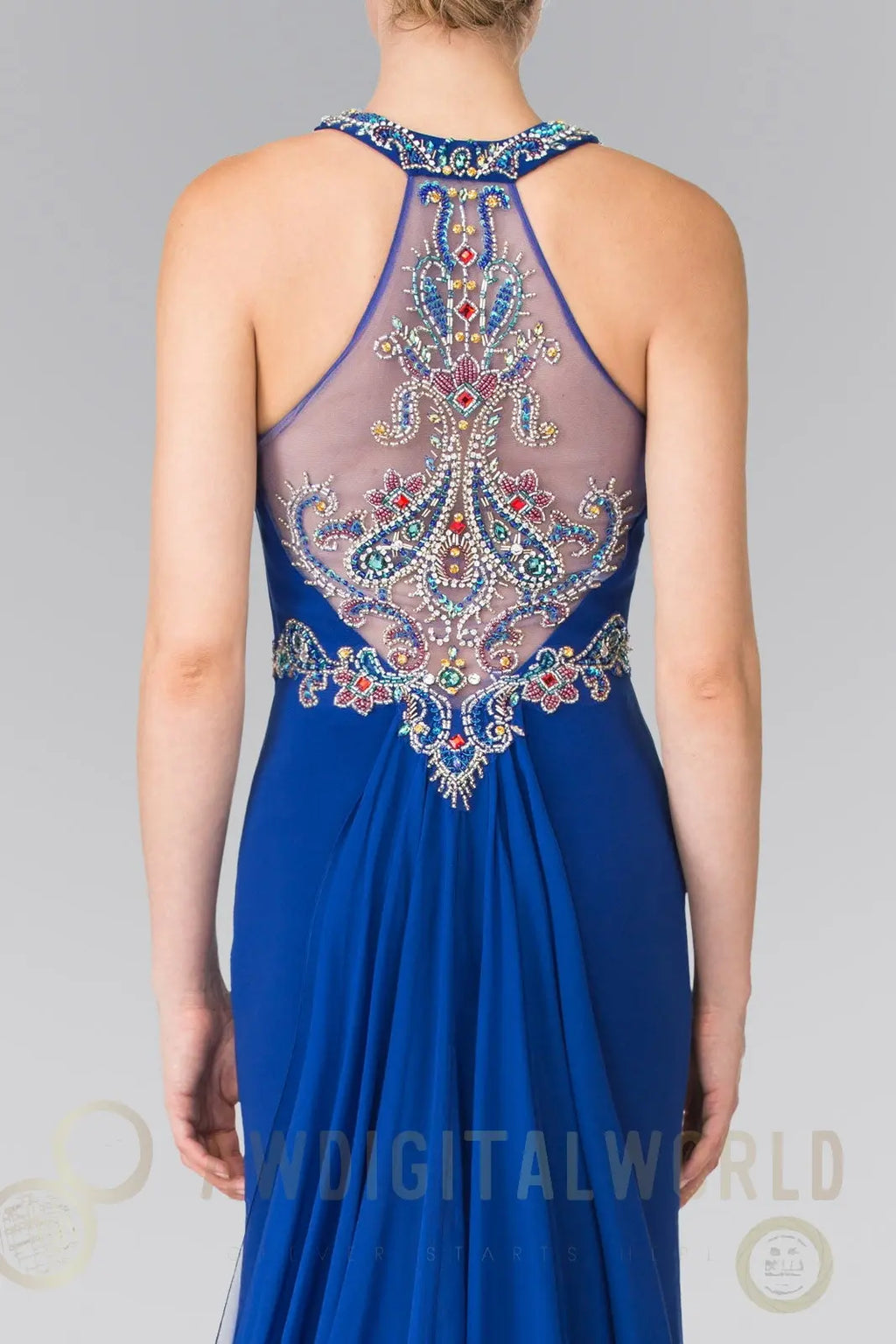 High Neck Beaded Top and Sheer Back Accented with Chiffon Tail-3