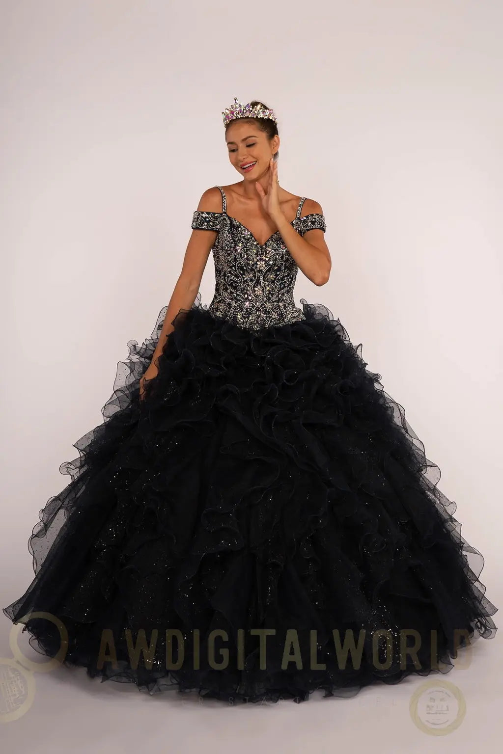 Jewel Embellished Cut-Away Shoulder Ruffle Skirt Quinceanera Dress Tux-USA