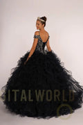 Jewel Embellished Cut-Away Shoulder Ruffle Skirt Quinceanera Dress Tux-USA