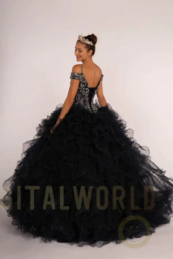 Jewel Embellished Cut-Away Shoulder Ruffle Skirt Quinceanera Dress Tux-USA