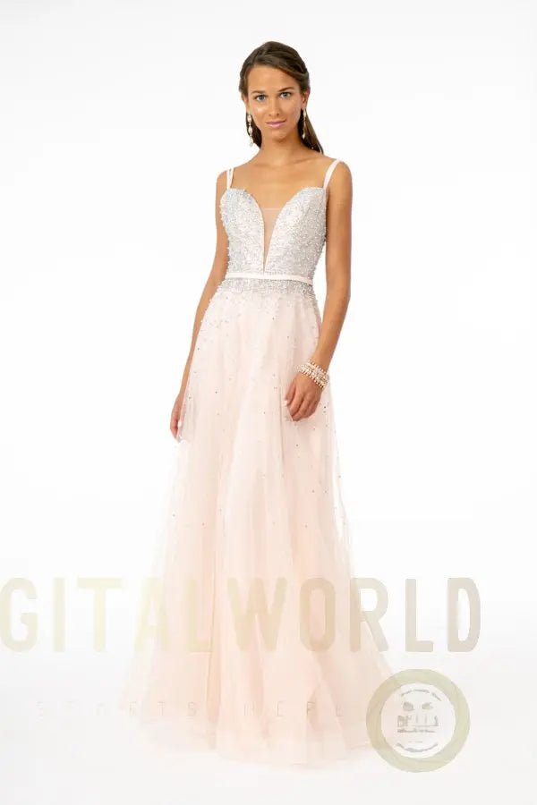 Jewel Embellished Bodice Mesh A-Line Dress w/ Strap Back-0