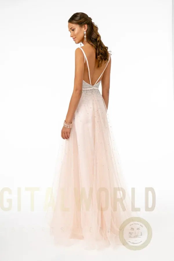 Jewel Embellished Bodice Mesh A-Line Dress w/ Strap Back-2