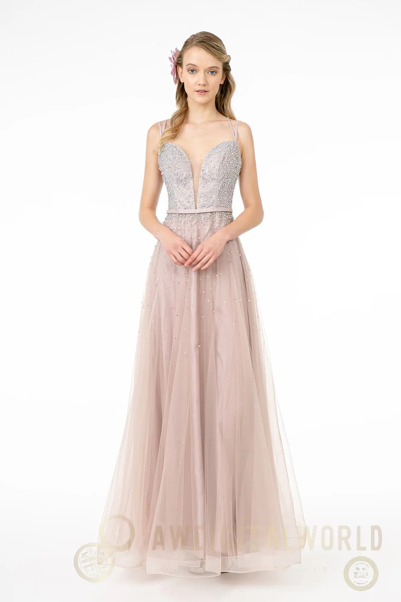 Jewel Embellished Bodice Mesh A-Line Dress w/ Strap Back-1