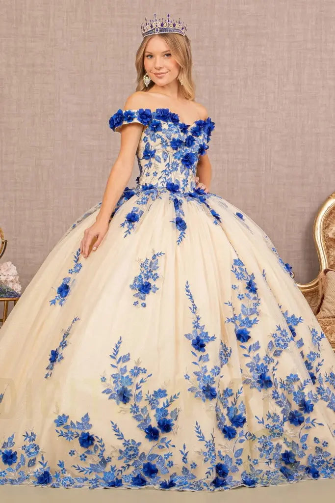 3-D Flower Embroidery Off Shoulder Mesh Quinceanera Gown-1