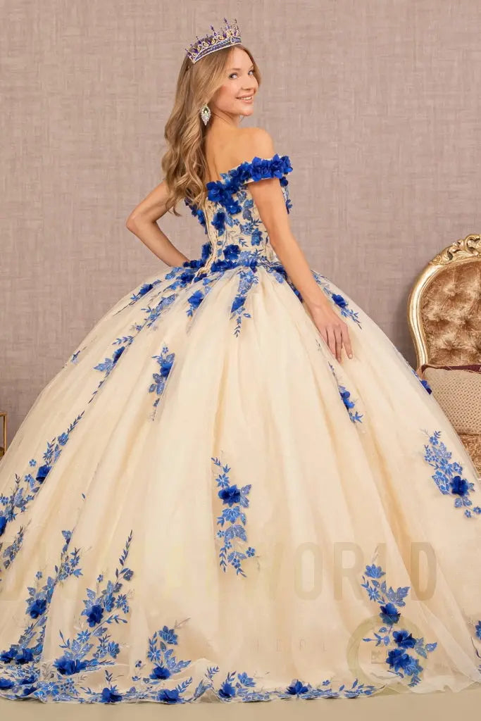 3-D Flower Embroidery Off Shoulder Mesh Quinceanera Gown-2